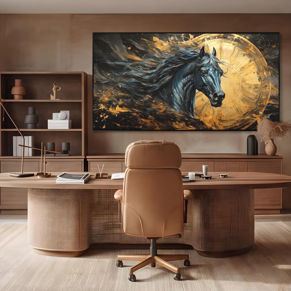 Leinwand Wandkunst Leinwand Premium, LuxCanva® M1338, Im Wirbel der Zeit, Zeit, Finsternis, Gold, Dynamisch, Abstrakte Kunst, Pferd, Mythisch, Mythisch, Griff, Gemälde, Fantastisch, Büro, Wohnen, Kinderzimmer