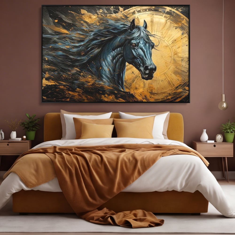 Leinwand Wandkunst Leinwand Premium, LuxCanva® M1338, Im Wirbel der Zeit, Zeit, Finsternis, Gold, Dynamisch, Abstrakte Kunst, Pferd, Mythisch, Mythisch, Griff, Gemälde, Fantastisch, Büro, Wohnen, Kinderzimmer
