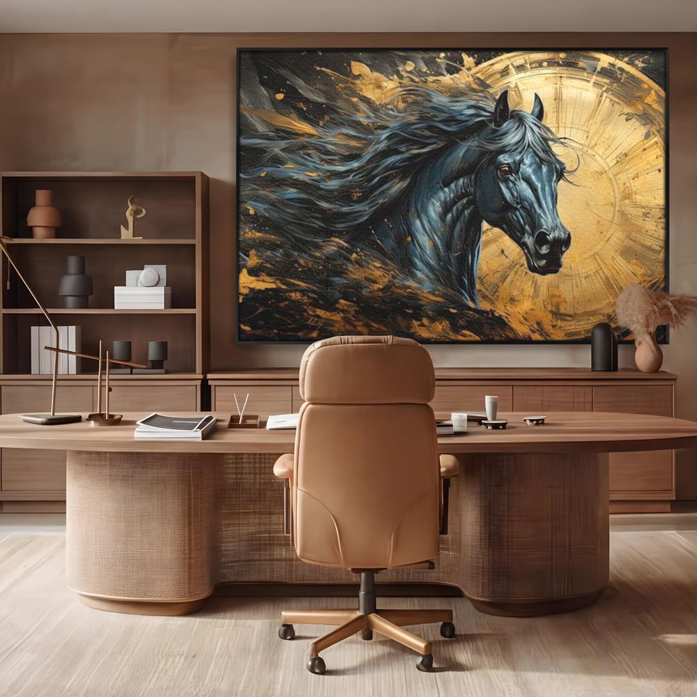 Leinwand Wandkunst Leinwand Premium, LuxCanva® M1338, Im Wirbel der Zeit, Zeit, Finsternis, Gold, Dynamisch, Abstrakte Kunst, Pferd, Mythisch, Mythisch, Griff, Gemälde, Fantastisch, Büro, Wohnen, Kinderzimmer