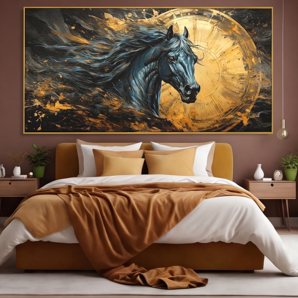 Leinwand Wandkunst Leinwand Premium, LuxCanva® M1338, Im Wirbel der Zeit, Zeit, Finsternis, Gold, Dynamisch, Abstrakte Kunst, Pferd, Mythisch, Mythisch, Griff, Gemälde, Fantastisch, Büro, Wohnen, Kinderzimmer