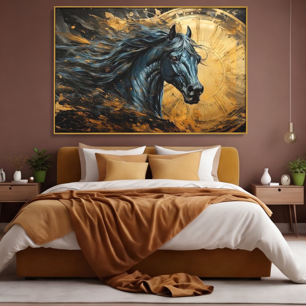 Leinwand Wandkunst Leinwand Premium, LuxCanva® M1338, Im Wirbel der Zeit, Zeit, Finsternis, Gold, Dynamisch, Abstrakte Kunst, Pferd, Mythisch, Mythisch, Griff, Gemälde, Fantastisch, Büro, Wohnen, Kinderzimmer