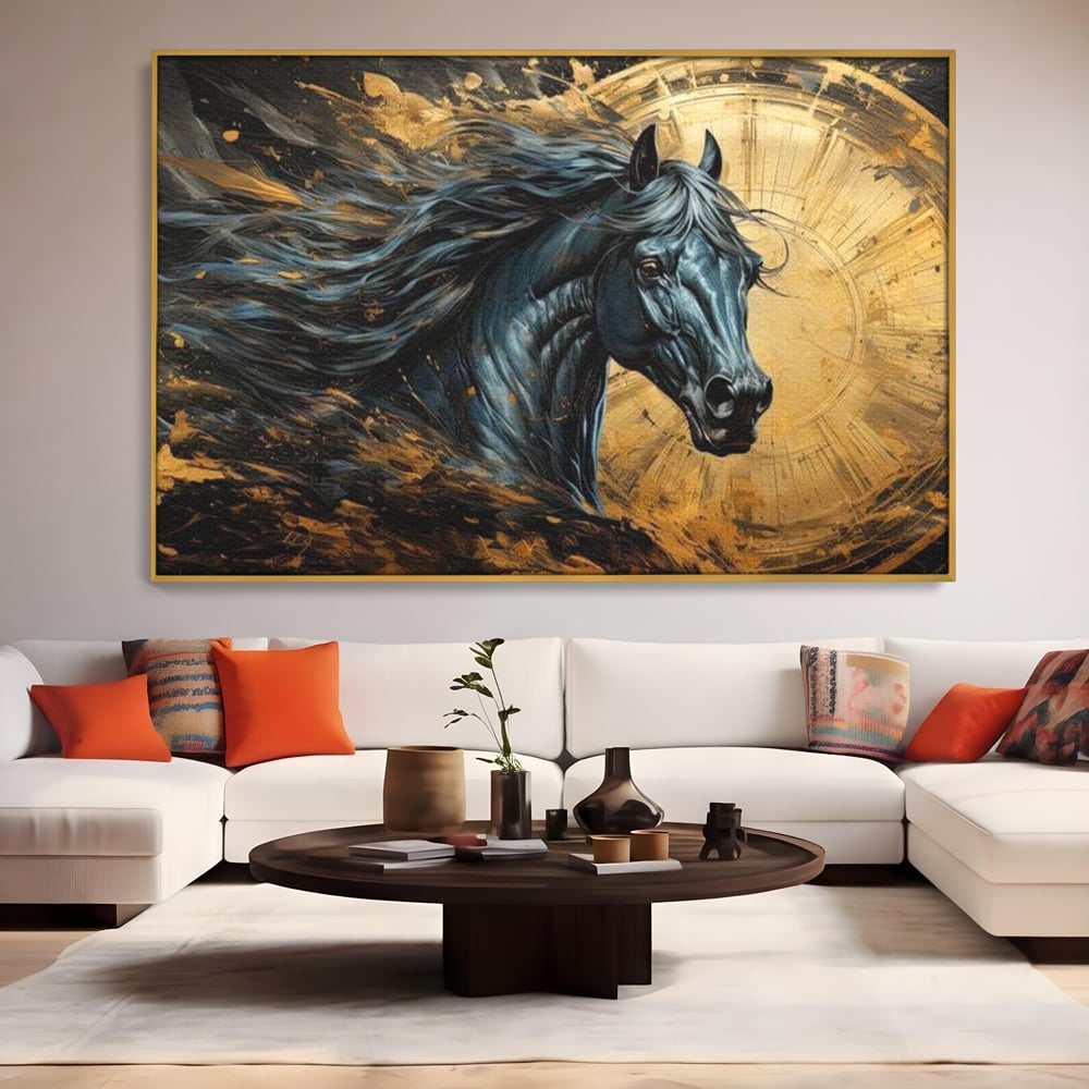Leinwand Wandkunst Leinwand Premium, LuxCanva® M1338, Im Wirbel der Zeit, Zeit, Finsternis, Gold, Dynamisch, Abstrakte Kunst, Pferd, Mythisch, Mythisch, Griff, Gemälde, Fantastisch, Büro, Wohnen, Kinderzimmer