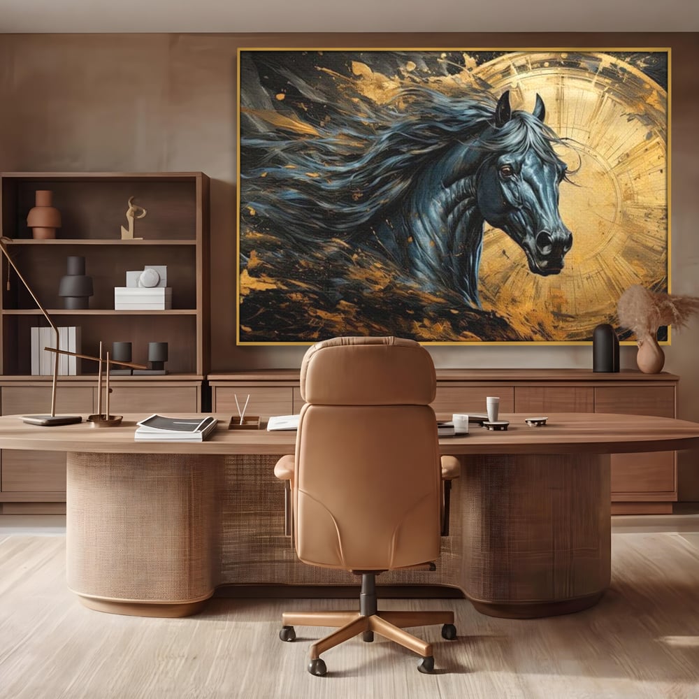 Leinwand Wandkunst Leinwand Premium, LuxCanva® M1338, Im Wirbel der Zeit, Zeit, Finsternis, Gold, Dynamisch, Abstrakte Kunst, Pferd, Mythisch, Mythisch, Griff, Gemälde, Fantastisch, Büro, Wohnen, Kinderzimmer