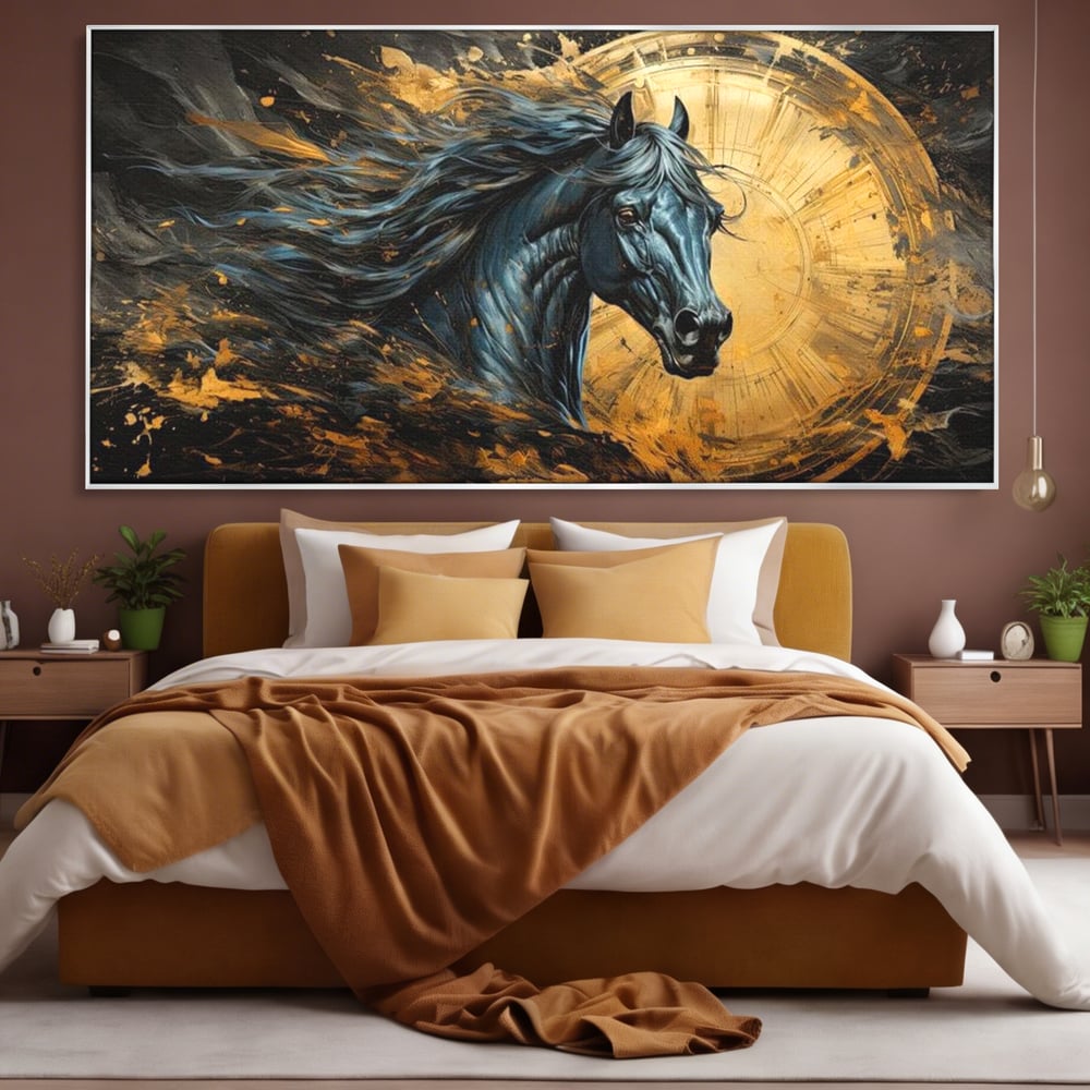 Leinwand Wandkunst Leinwand Premium, LuxCanva® M1338, Im Wirbel der Zeit, Zeit, Finsternis, Gold, Dynamisch, Abstrakte Kunst, Pferd, Mythisch, Mythisch, Griff, Gemälde, Fantastisch, Büro, Wohnen, Kinderzimmer