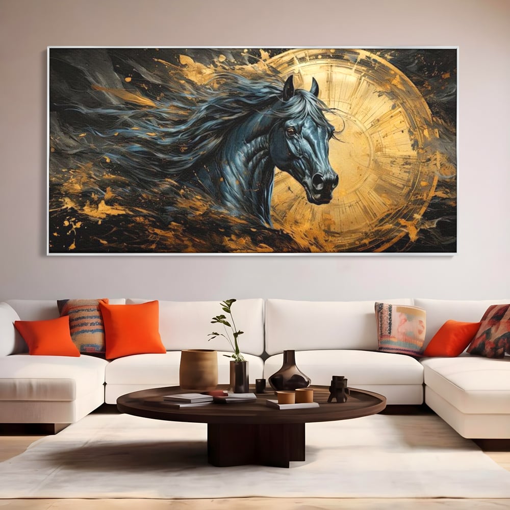 Leinwand Wandkunst Leinwand Premium, LuxCanva® M1338, Im Wirbel der Zeit, Zeit, Finsternis, Gold, Dynamisch, Abstrakte Kunst, Pferd, Mythisch, Mythisch, Griff, Gemälde, Fantastisch, Büro, Wohnen, Kinderzimmer