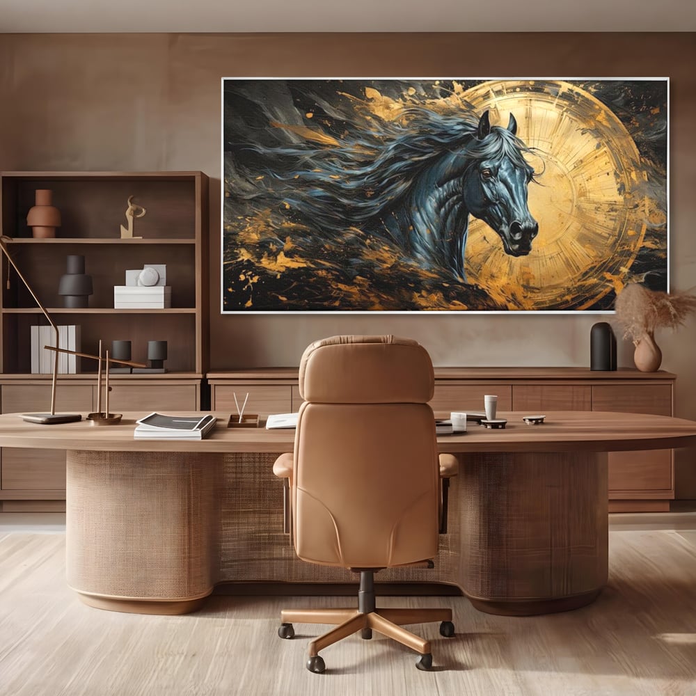 Leinwand Wandkunst Leinwand Premium, LuxCanva® M1338, Im Wirbel der Zeit, Zeit, Finsternis, Gold, Dynamisch, Abstrakte Kunst, Pferd, Mythisch, Mythisch, Griff, Gemälde, Fantastisch, Büro, Wohnen, Kinderzimmer
