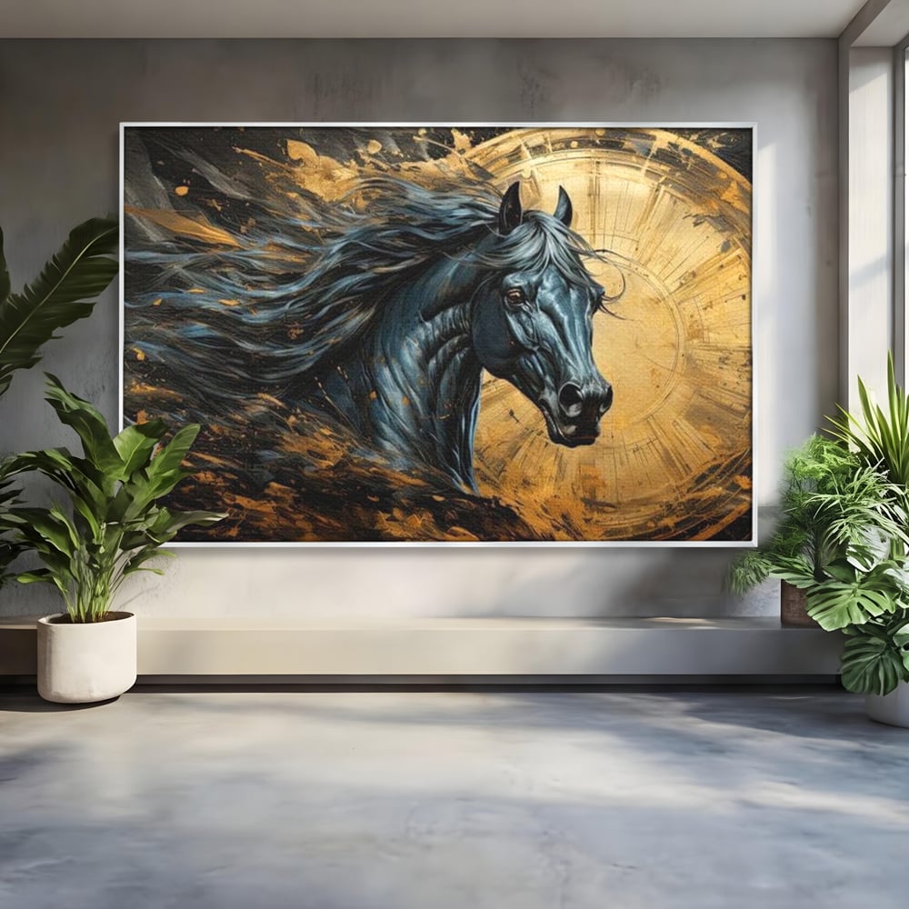 Leinwand Wandkunst Leinwand Premium, LuxCanva® M1338, Im Wirbel der Zeit, Zeit, Finsternis, Gold, Dynamisch, Abstrakte Kunst, Pferd, Mythisch, Mythisch, Griff, Gemälde, Fantastisch, Büro, Wohnen, Kinderzimmer