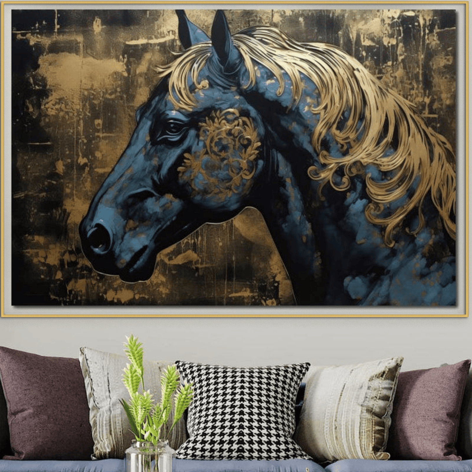 Tablou Canvas Premium, LuxCanva® M1339, Coama de Aur, Ornamental, Auriu, Imperial, Pictura, Abstract, Nobil, Rafinat, Cal, Profil, Animal, Birou, Living, Camera Copil