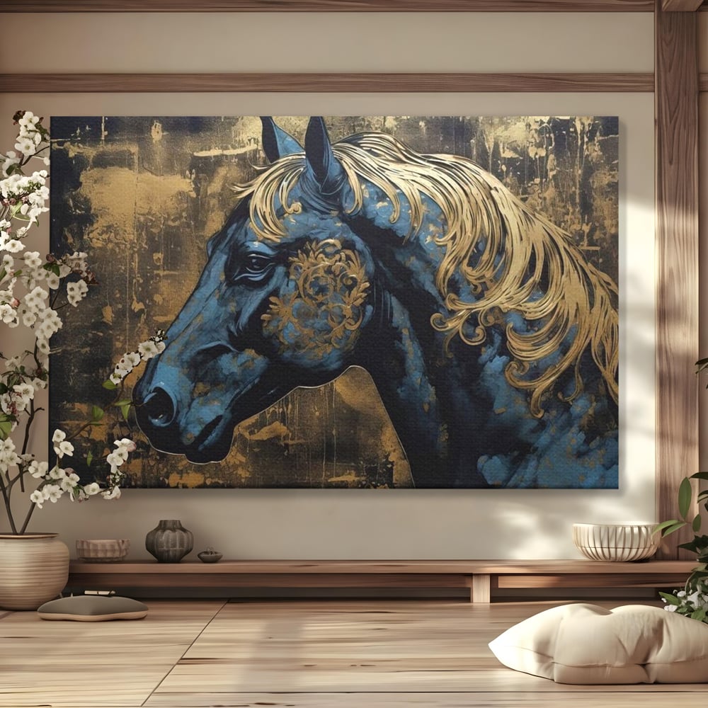 Tablou Canvas Premium, LuxCanva® M1339, Coama de Aur, Ornamental, Auriu, Imperial, Pictura, Abstract, Nobil, Rafinat, Cal, Profil, Animal, Birou, Living, Camera Copil