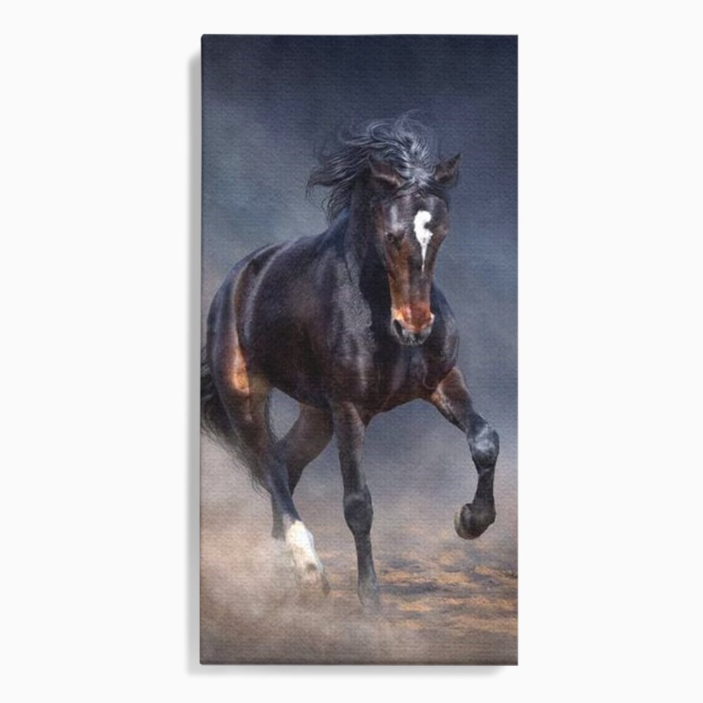Leinwand Wandbilder Canvas Premium, LuxCanva® M1340, Galopp im Sturm, Pferd, Tier, Wild, Galopp, Bewegung, Wind, Staub, Freiheit, Kraft, Geschwindigkeit, Realistisch, Büro, Wohnen, Kinderzimmer