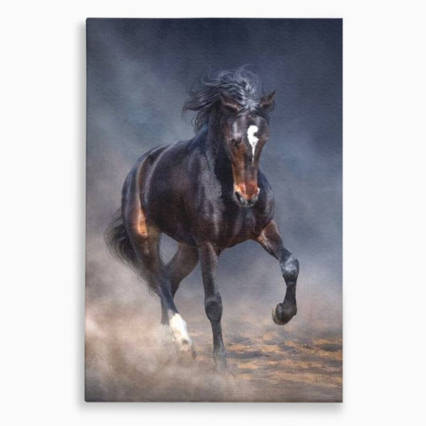 Leinwand Wandbilder Canvas Premium, LuxCanva® M1340, Galopp im Sturm, Pferd, Tier, Wild, Galopp, Bewegung, Wind, Staub, Freiheit, Kraft, Geschwindigkeit, Realistisch, Büro, Wohnen, Kinderzimmer
