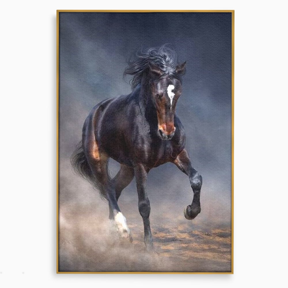 Leinwand Wandbilder Canvas Premium, LuxCanva® M1340, Galopp im Sturm, Pferd, Tier, Wild, Galopp, Bewegung, Wind, Staub, Freiheit, Kraft, Geschwindigkeit, Realistisch, Büro, Wohnen, Kinderzimmer