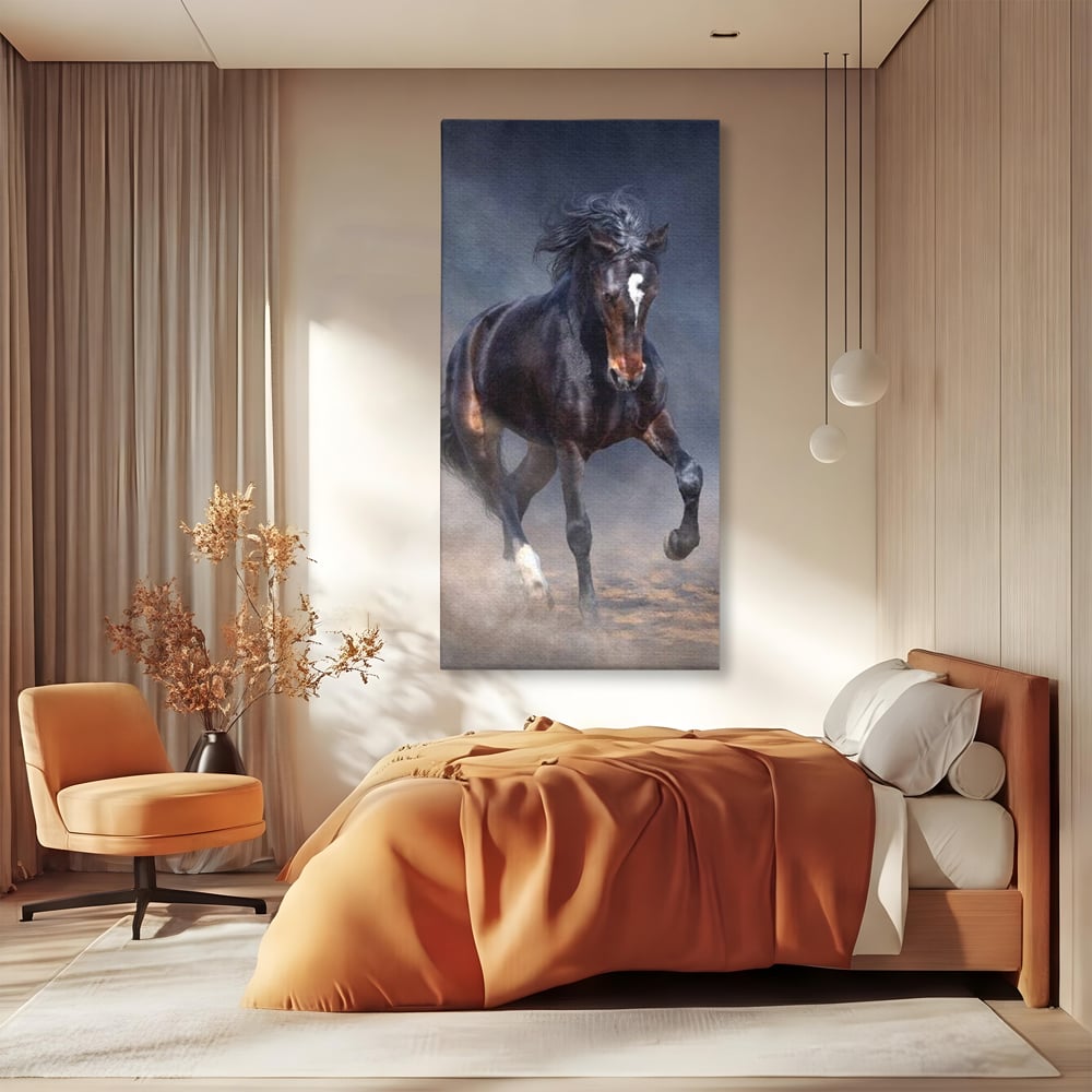 Leinwand Wandbilder Canvas Premium, LuxCanva® M1340, Galopp im Sturm, Pferd, Tier, Wild, Galopp, Bewegung, Wind, Staub, Freiheit, Kraft, Geschwindigkeit, Realistisch, Büro, Wohnen, Kinderzimmer