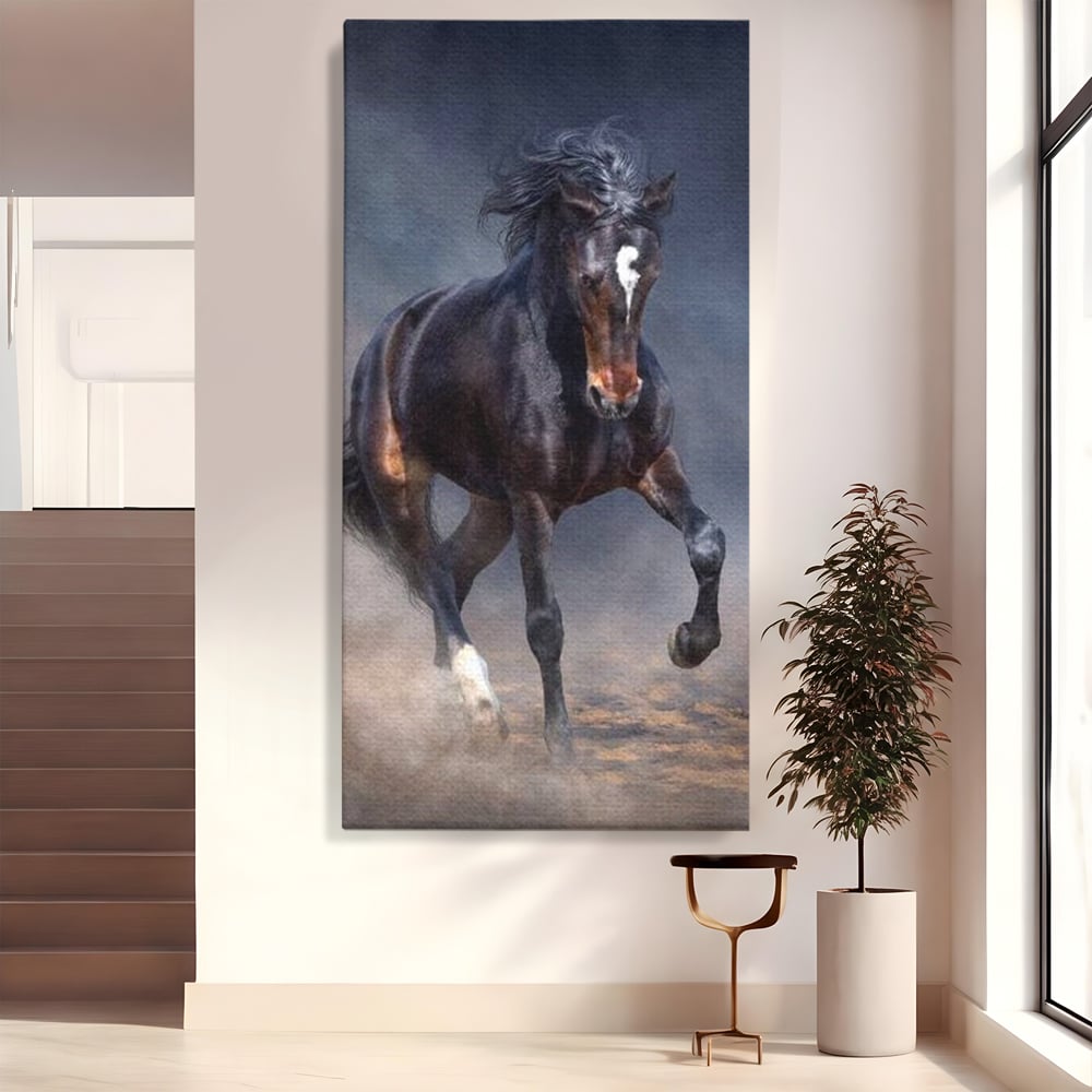 Leinwand Wandbilder Canvas Premium, LuxCanva® M1340, Galopp im Sturm, Pferd, Tier, Wild, Galopp, Bewegung, Wind, Staub, Freiheit, Kraft, Geschwindigkeit, Realistisch, Büro, Wohnen, Kinderzimmer