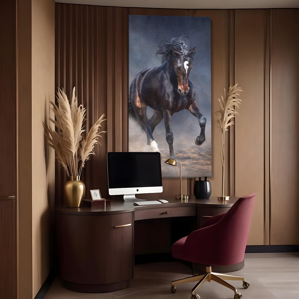 Leinwand Wandbilder Canvas Premium, LuxCanva® M1340, Galopp im Sturm, Pferd, Tier, Wild, Galopp, Bewegung, Wind, Staub, Freiheit, Kraft, Geschwindigkeit, Realistisch, Büro, Wohnen, Kinderzimmer
