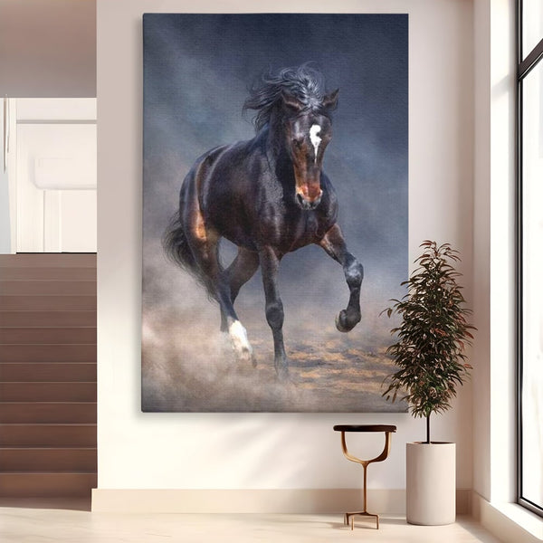 Leinwand Wandbilder Canvas Premium, LuxCanva® M1340, Galopp im Sturm, Pferd, Tier, Wild, Galopp, Bewegung, Wind, Staub, Freiheit, Kraft, Geschwindigkeit, Realistisch, Büro, Wohnen, Kinderzimmer