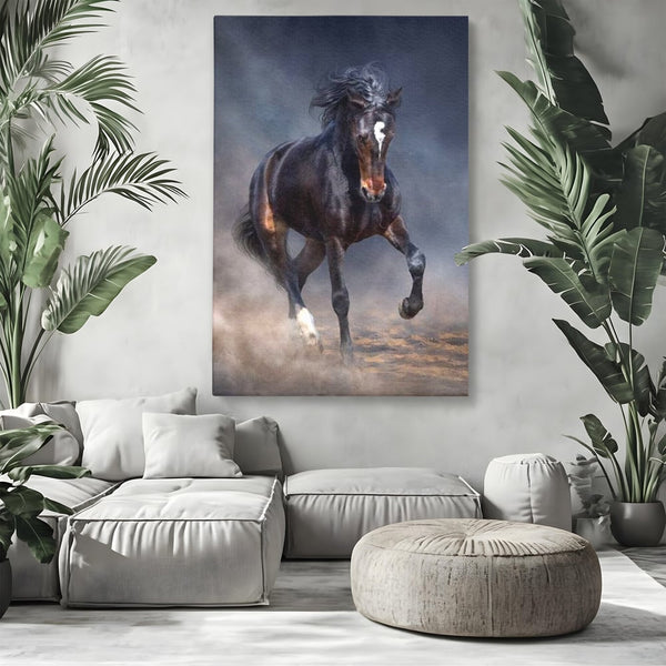 Leinwand Wandbilder Canvas Premium, LuxCanva® M1340, Galopp im Sturm, Pferd, Tier, Wild, Galopp, Bewegung, Wind, Staub, Freiheit, Kraft, Geschwindigkeit, Realistisch, Büro, Wohnen, Kinderzimmer