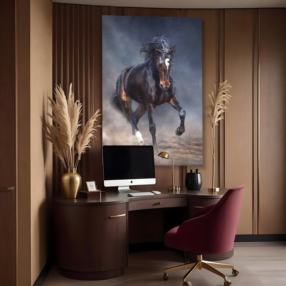 Leinwand Wandbilder Canvas Premium, LuxCanva® M1340, Galopp im Sturm, Pferd, Tier, Wild, Galopp, Bewegung, Wind, Staub, Freiheit, Kraft, Geschwindigkeit, Realistisch, Büro, Wohnen, Kinderzimmer