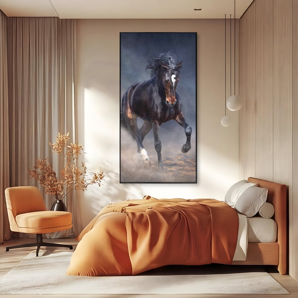 Leinwand Wandbilder Canvas Premium, LuxCanva® M1340, Galopp im Sturm, Pferd, Tier, Wild, Galopp, Bewegung, Wind, Staub, Freiheit, Kraft, Geschwindigkeit, Realistisch, Büro, Wohnen, Kinderzimmer