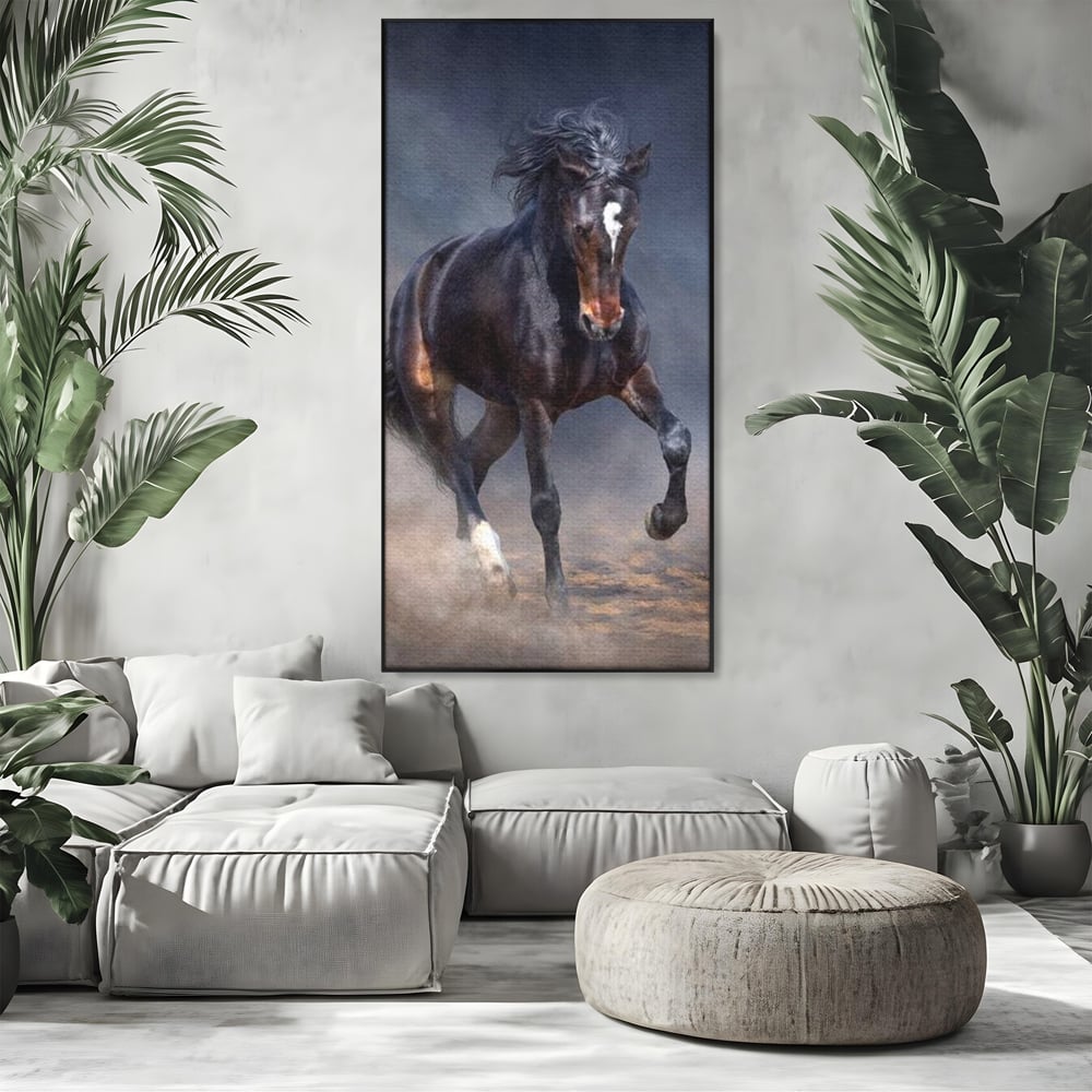Leinwand Wandbilder Canvas Premium, LuxCanva® M1340, Galopp im Sturm, Pferd, Tier, Wild, Galopp, Bewegung, Wind, Staub, Freiheit, Kraft, Geschwindigkeit, Realistisch, Büro, Wohnen, Kinderzimmer