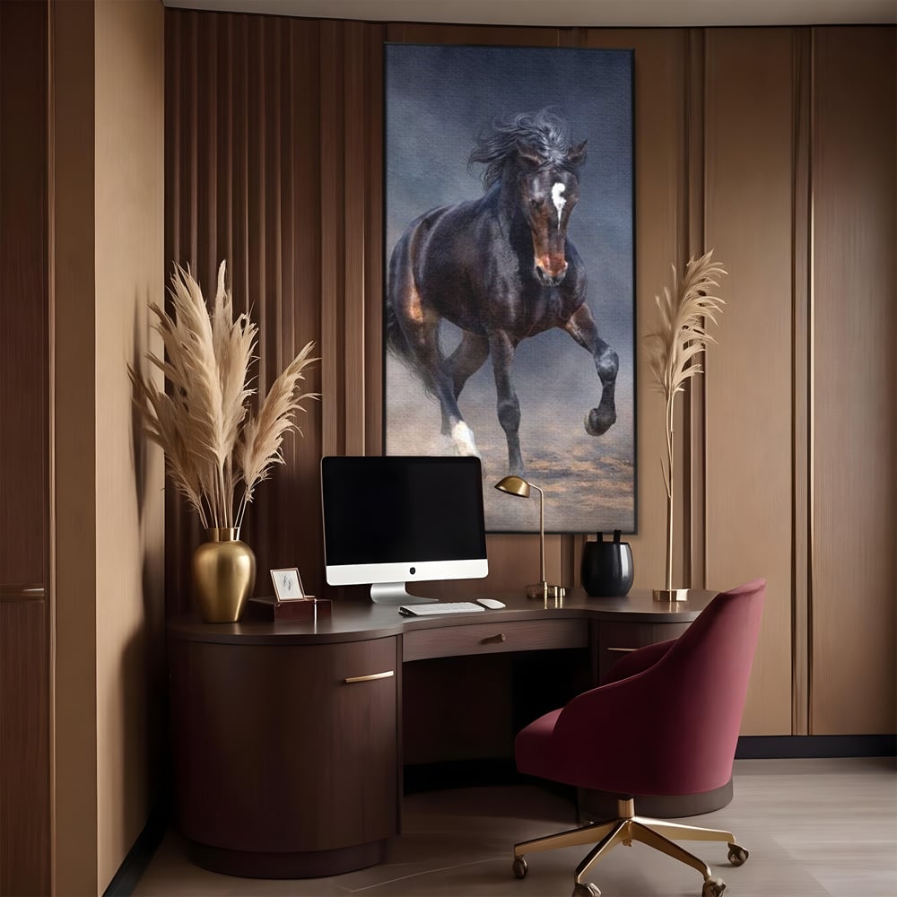 Leinwand Wandbilder Canvas Premium, LuxCanva® M1340, Galopp im Sturm, Pferd, Tier, Wild, Galopp, Bewegung, Wind, Staub, Freiheit, Kraft, Geschwindigkeit, Realistisch, Büro, Wohnen, Kinderzimmer