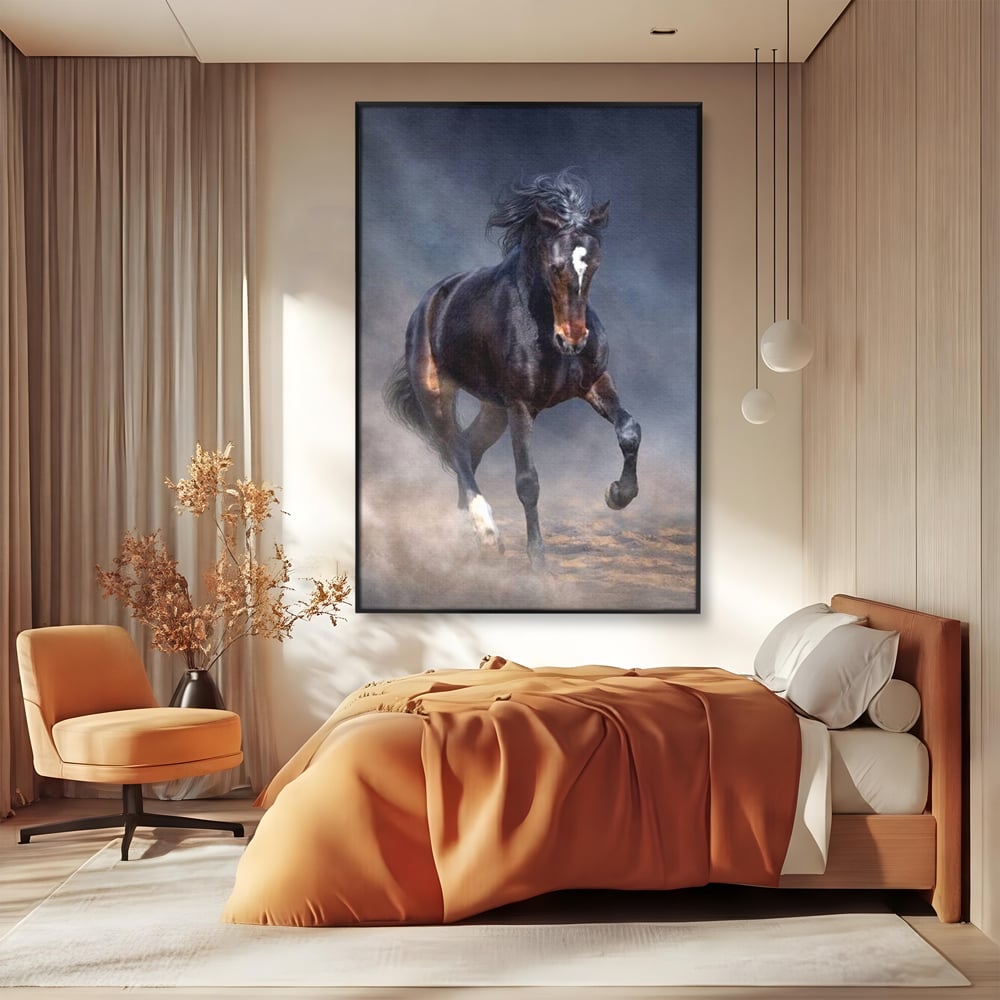 Leinwand Wandbilder Canvas Premium, LuxCanva® M1340, Galopp im Sturm, Pferd, Tier, Wild, Galopp, Bewegung, Wind, Staub, Freiheit, Kraft, Geschwindigkeit, Realistisch, Büro, Wohnen, Kinderzimmer