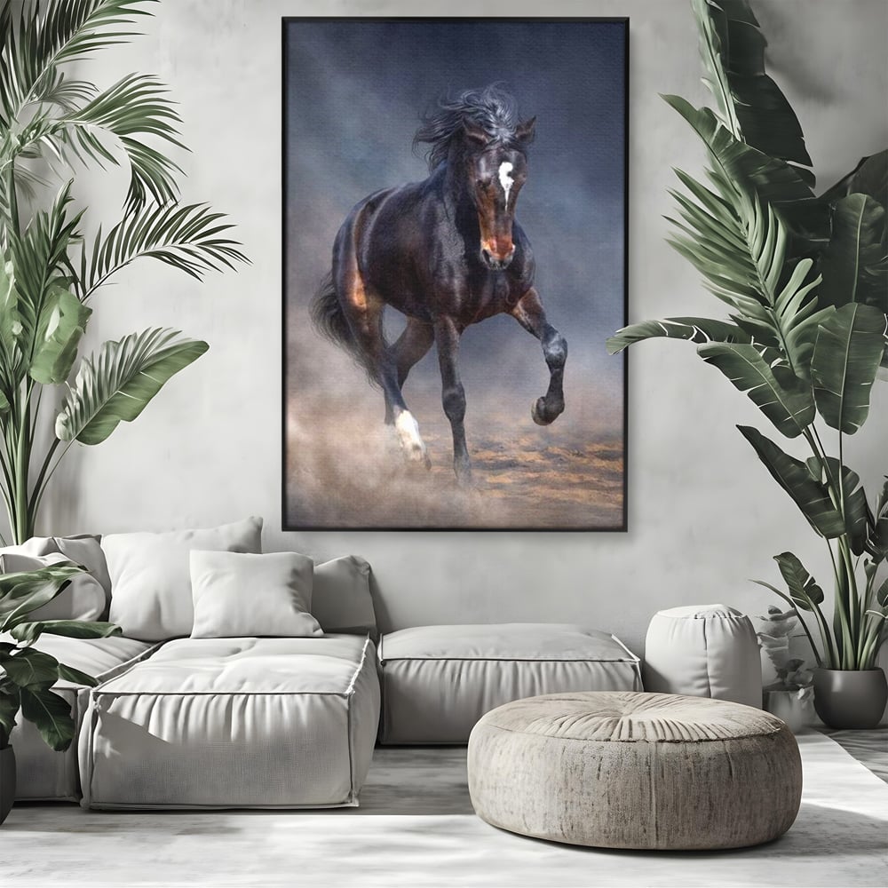 Leinwand Wandbilder Canvas Premium, LuxCanva® M1340, Galopp im Sturm, Pferd, Tier, Wild, Galopp, Bewegung, Wind, Staub, Freiheit, Kraft, Geschwindigkeit, Realistisch, Büro, Wohnen, Kinderzimmer