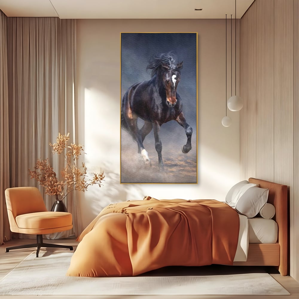 Leinwand Wandbilder Canvas Premium, LuxCanva® M1340, Galopp im Sturm, Pferd, Tier, Wild, Galopp, Bewegung, Wind, Staub, Freiheit, Kraft, Geschwindigkeit, Realistisch, Büro, Wohnen, Kinderzimmer