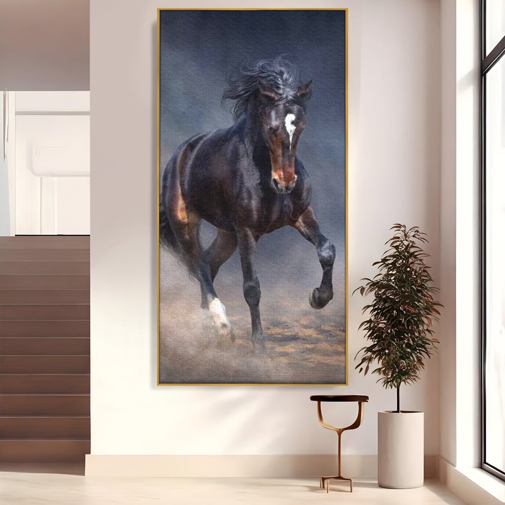 Leinwand Wandbilder Canvas Premium, LuxCanva® M1340, Galopp im Sturm, Pferd, Tier, Wild, Galopp, Bewegung, Wind, Staub, Freiheit, Kraft, Geschwindigkeit, Realistisch, Büro, Wohnen, Kinderzimmer