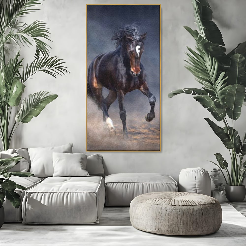 Leinwand Wandbilder Canvas Premium, LuxCanva® M1340, Galopp im Sturm, Pferd, Tier, Wild, Galopp, Bewegung, Wind, Staub, Freiheit, Kraft, Geschwindigkeit, Realistisch, Büro, Wohnen, Kinderzimmer