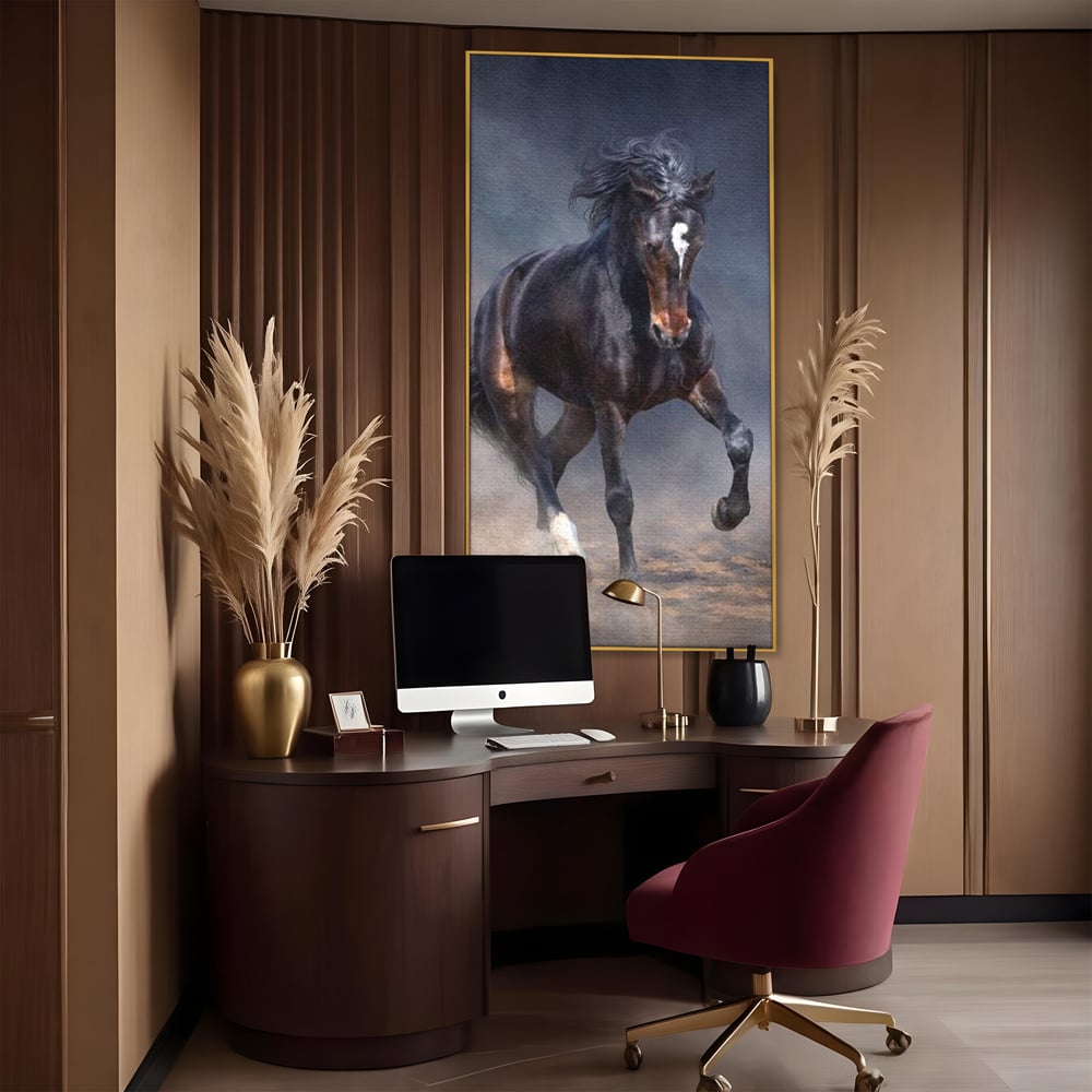 Leinwand Wandbilder Canvas Premium, LuxCanva® M1340, Galopp im Sturm, Pferd, Tier, Wild, Galopp, Bewegung, Wind, Staub, Freiheit, Kraft, Geschwindigkeit, Realistisch, Büro, Wohnen, Kinderzimmer