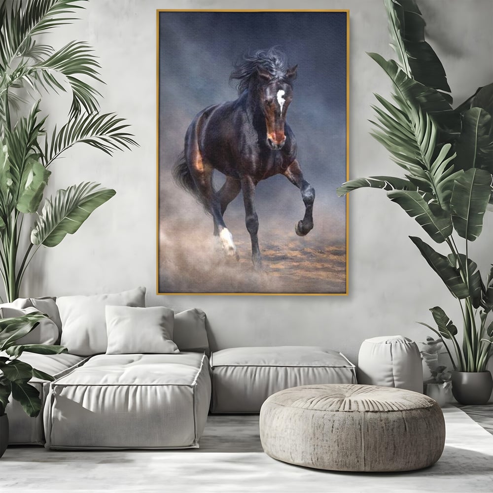 Leinwand Wandbilder Canvas Premium, LuxCanva® M1340, Galopp im Sturm, Pferd, Tier, Wild, Galopp, Bewegung, Wind, Staub, Freiheit, Kraft, Geschwindigkeit, Realistisch, Büro, Wohnen, Kinderzimmer