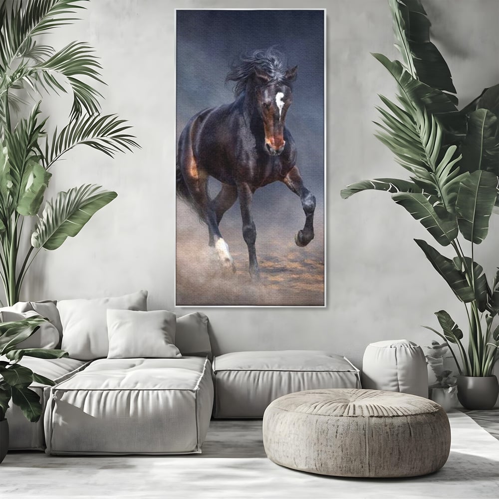 Leinwand Wandbilder Canvas Premium, LuxCanva® M1340, Galopp im Sturm, Pferd, Tier, Wild, Galopp, Bewegung, Wind, Staub, Freiheit, Kraft, Geschwindigkeit, Realistisch, Büro, Wohnen, Kinderzimmer