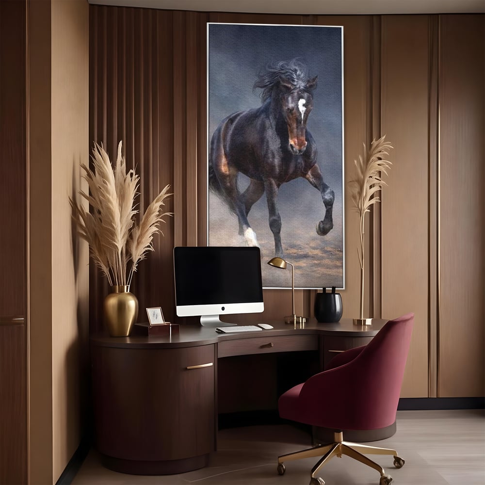 Leinwand Wandbilder Canvas Premium, LuxCanva® M1340, Galopp im Sturm, Pferd, Tier, Wild, Galopp, Bewegung, Wind, Staub, Freiheit, Kraft, Geschwindigkeit, Realistisch, Büro, Wohnen, Kinderzimmer