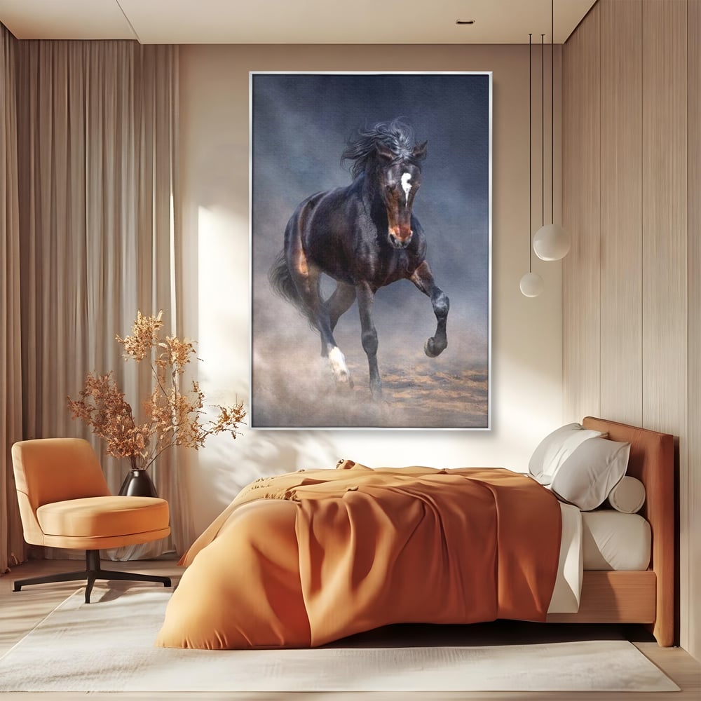 Leinwand Wandbilder Canvas Premium, LuxCanva® M1340, Galopp im Sturm, Pferd, Tier, Wild, Galopp, Bewegung, Wind, Staub, Freiheit, Kraft, Geschwindigkeit, Realistisch, Büro, Wohnen, Kinderzimmer