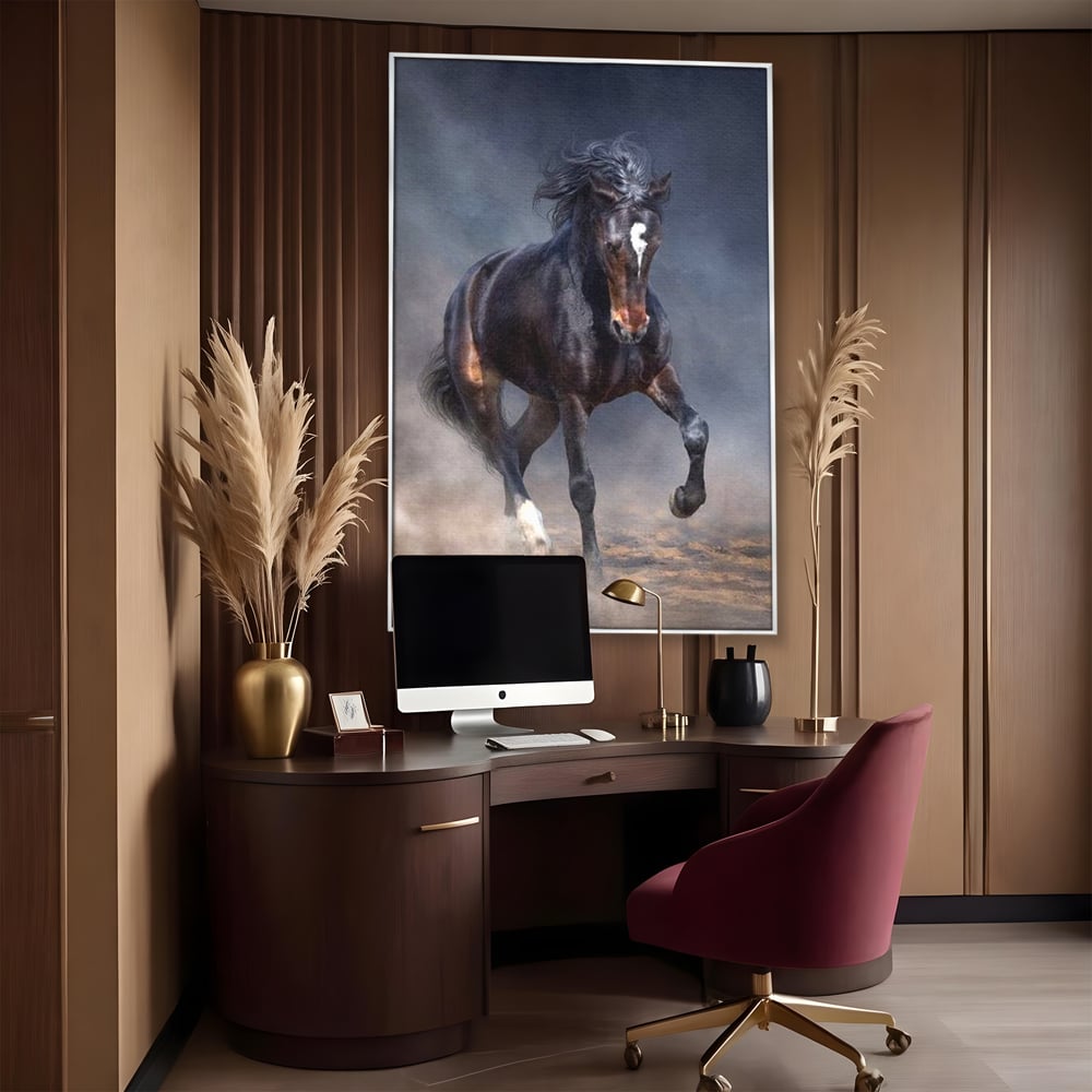 Leinwand Wandbilder Canvas Premium, LuxCanva® M1340, Galopp im Sturm, Pferd, Tier, Wild, Galopp, Bewegung, Wind, Staub, Freiheit, Kraft, Geschwindigkeit, Realistisch, Büro, Wohnen, Kinderzimmer