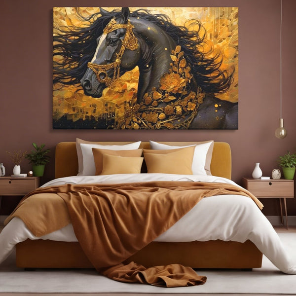Tablou Canvas Premium, LuxCanva® M1341, Legamantul de Aur, Lux, Bijuterii, Auriu, Maretie, Stralucire, Pictura, Coama, Cal, Vant, Nobil, Abstract, Birou, Living, Camera Copil