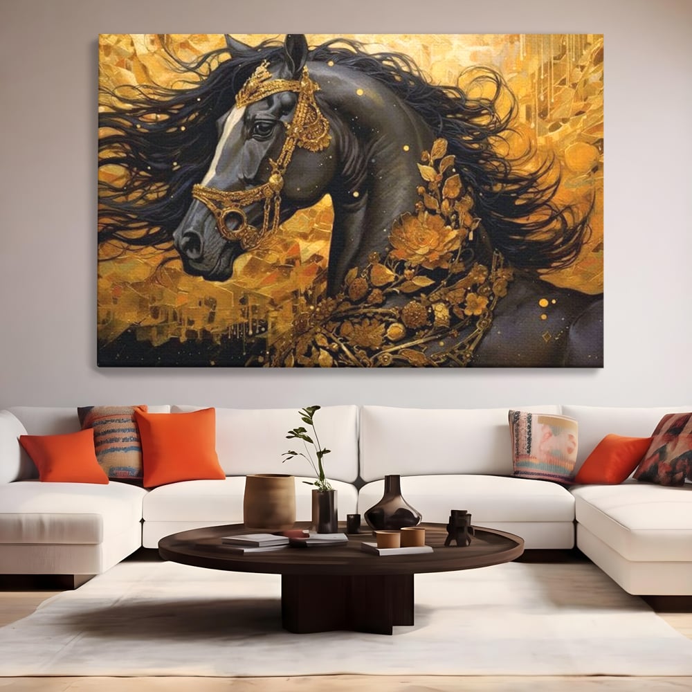 Tablou Canvas Premium, LuxCanva® M1341, Legamantul de Aur, Lux, Bijuterii, Auriu, Maretie, Stralucire, Pictura, Coama, Cal, Vant, Nobil, Abstract, Birou, Living, Camera Copil