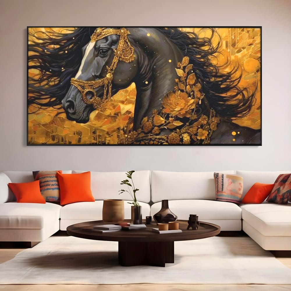 Tablou Canvas Premium, LuxCanva® M1341, Legamantul de Aur, Lux, Bijuterii, Auriu, Maretie, Stralucire, Pictura, Coama, Cal, Vant, Nobil, Abstract, Birou, Living, Camera Copil