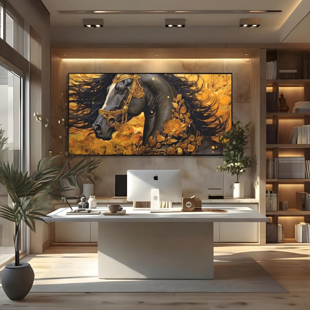 Tablou Canvas Premium, LuxCanva® M1341, Legamantul de Aur, Lux, Bijuterii, Auriu, Maretie, Stralucire, Pictura, Coama, Cal, Vant, Nobil, Abstract, Birou, Living, Camera Copil