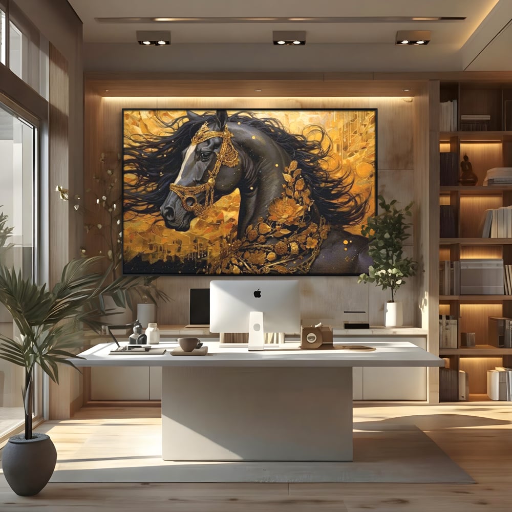 Tablou Canvas Premium, LuxCanva® M1341, Legamantul de Aur, Lux, Bijuterii, Auriu, Maretie, Stralucire, Pictura, Coama, Cal, Vant, Nobil, Abstract, Birou, Living, Camera Copil