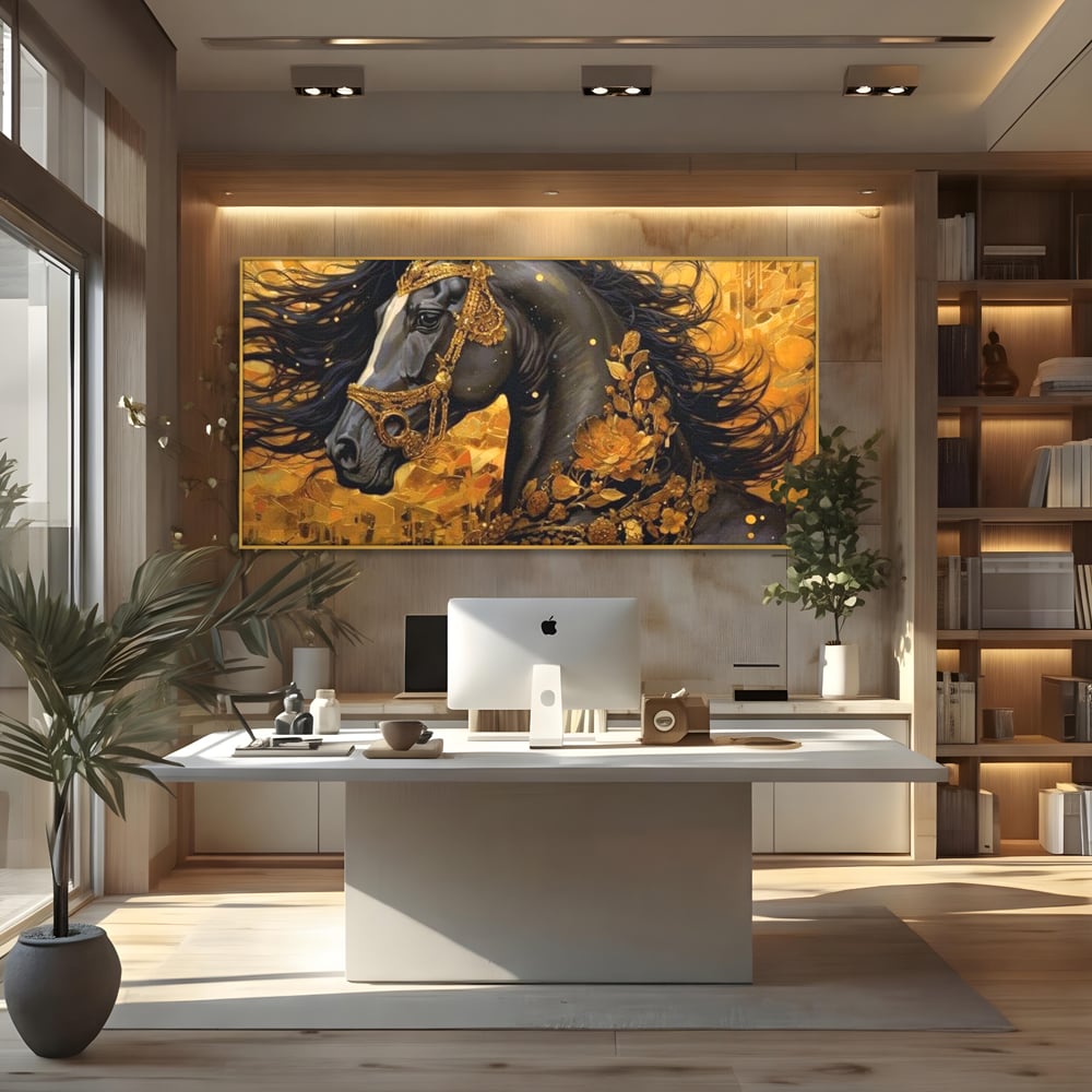 Tablou Canvas Premium, LuxCanva® M1341, Legamantul de Aur, Lux, Bijuterii, Auriu, Maretie, Stralucire, Pictura, Coama, Cal, Vant, Nobil, Abstract, Birou, Living, Camera Copil