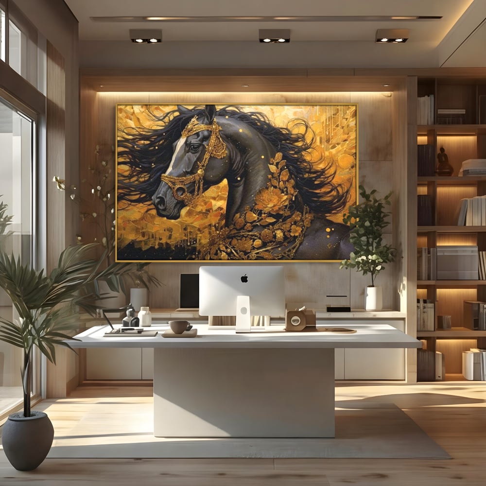 Tablou Canvas Premium, LuxCanva® M1341, Legamantul de Aur, Lux, Bijuterii, Auriu, Maretie, Stralucire, Pictura, Coama, Cal, Vant, Nobil, Abstract, Birou, Living, Camera Copil