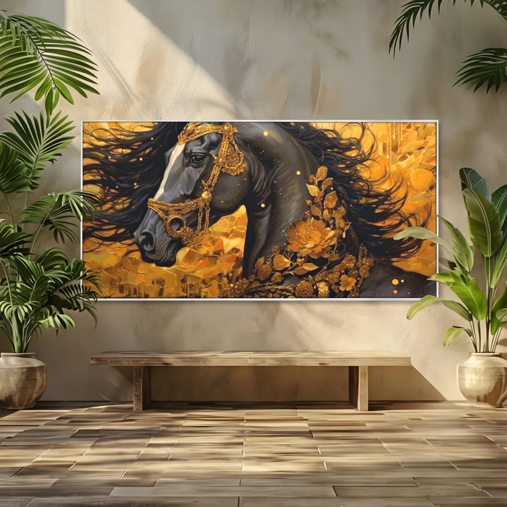 Tablou Canvas Premium, LuxCanva® M1341, Legamantul de Aur, Lux, Bijuterii, Auriu, Maretie, Stralucire, Pictura, Coama, Cal, Vant, Nobil, Abstract, Birou, Living, Camera Copil