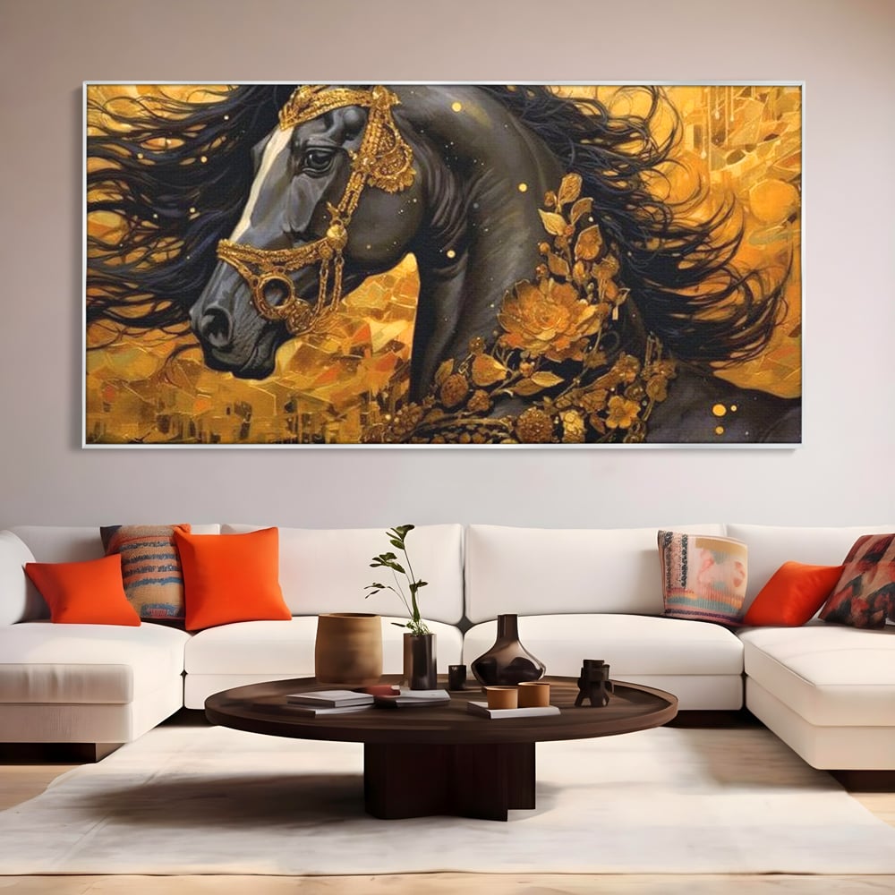 Tablou Canvas Premium, LuxCanva® M1341, Legamantul de Aur, Lux, Bijuterii, Auriu, Maretie, Stralucire, Pictura, Coama, Cal, Vant, Nobil, Abstract, Birou, Living, Camera Copil