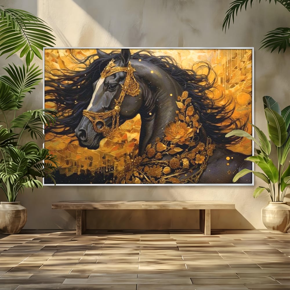 Tablou Canvas Premium, LuxCanva® M1341, Legamantul de Aur, Lux, Bijuterii, Auriu, Maretie, Stralucire, Pictura, Coama, Cal, Vant, Nobil, Abstract, Birou, Living, Camera Copil