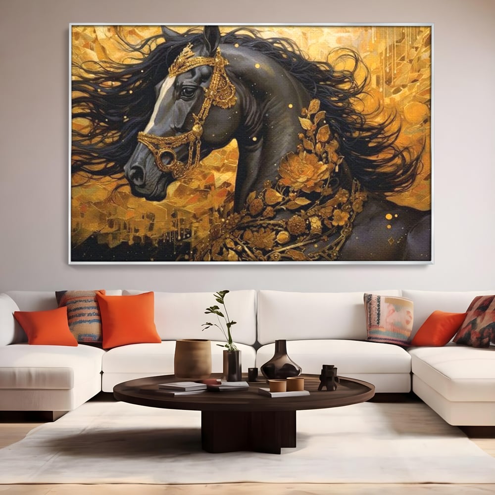 Tablou Canvas Premium, LuxCanva® M1341, Legamantul de Aur, Lux, Bijuterii, Auriu, Maretie, Stralucire, Pictura, Coama, Cal, Vant, Nobil, Abstract, Birou, Living, Camera Copil