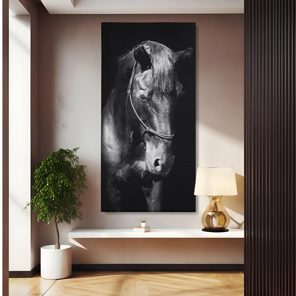 Tablou Canvas Premium, LuxCanva® M1342, Eleganta in Umbre, Alb si Negru, Profil, Portret, Vertical, Realist, Cal, Mister, Intunecat, Animal, Birou, Living, Camera Copil