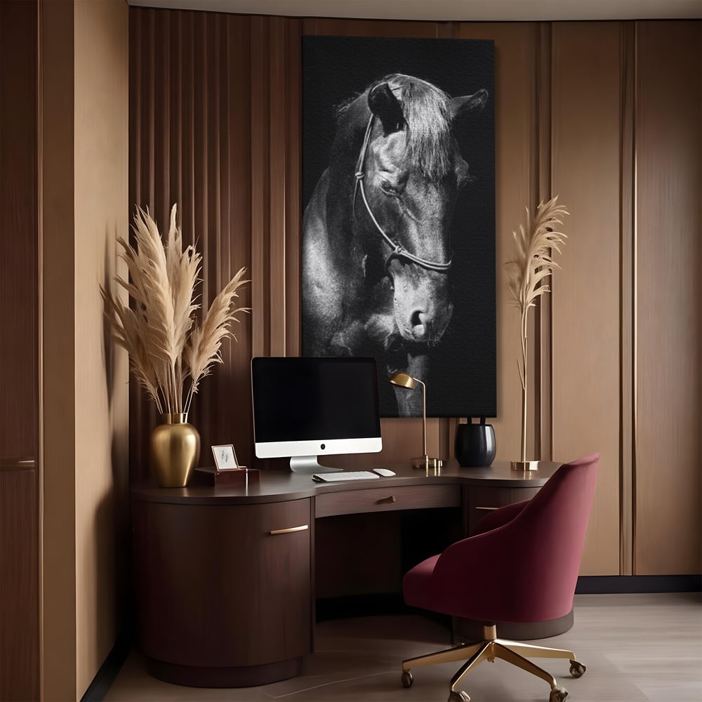 Tablou Canvas Premium, LuxCanva® M1342, Eleganta in Umbre, Alb si Negru, Profil, Portret, Vertical, Realist, Cal, Mister, Intunecat, Animal, Birou, Living, Camera Copil