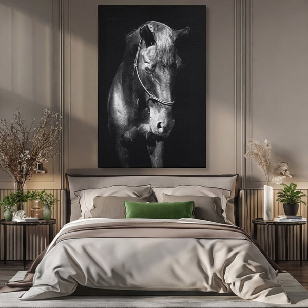 Tablou Canvas Premium, LuxCanva® M1342, Eleganta in Umbre, Alb si Negru, Profil, Portret, Vertical, Realist, Cal, Mister, Intunecat, Animal, Birou, Living, Camera Copil